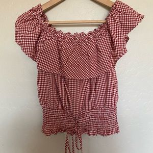 Off the shoulder cropped red and white plaid top